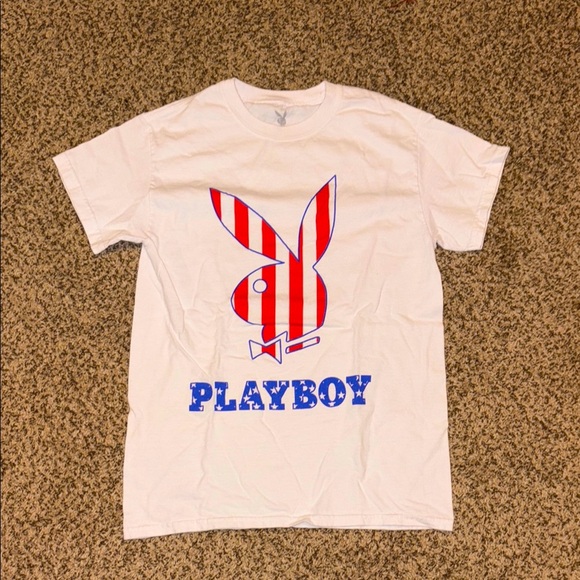 Playboy White T-Shirt with American flag Logo - Picture 1 of 2
